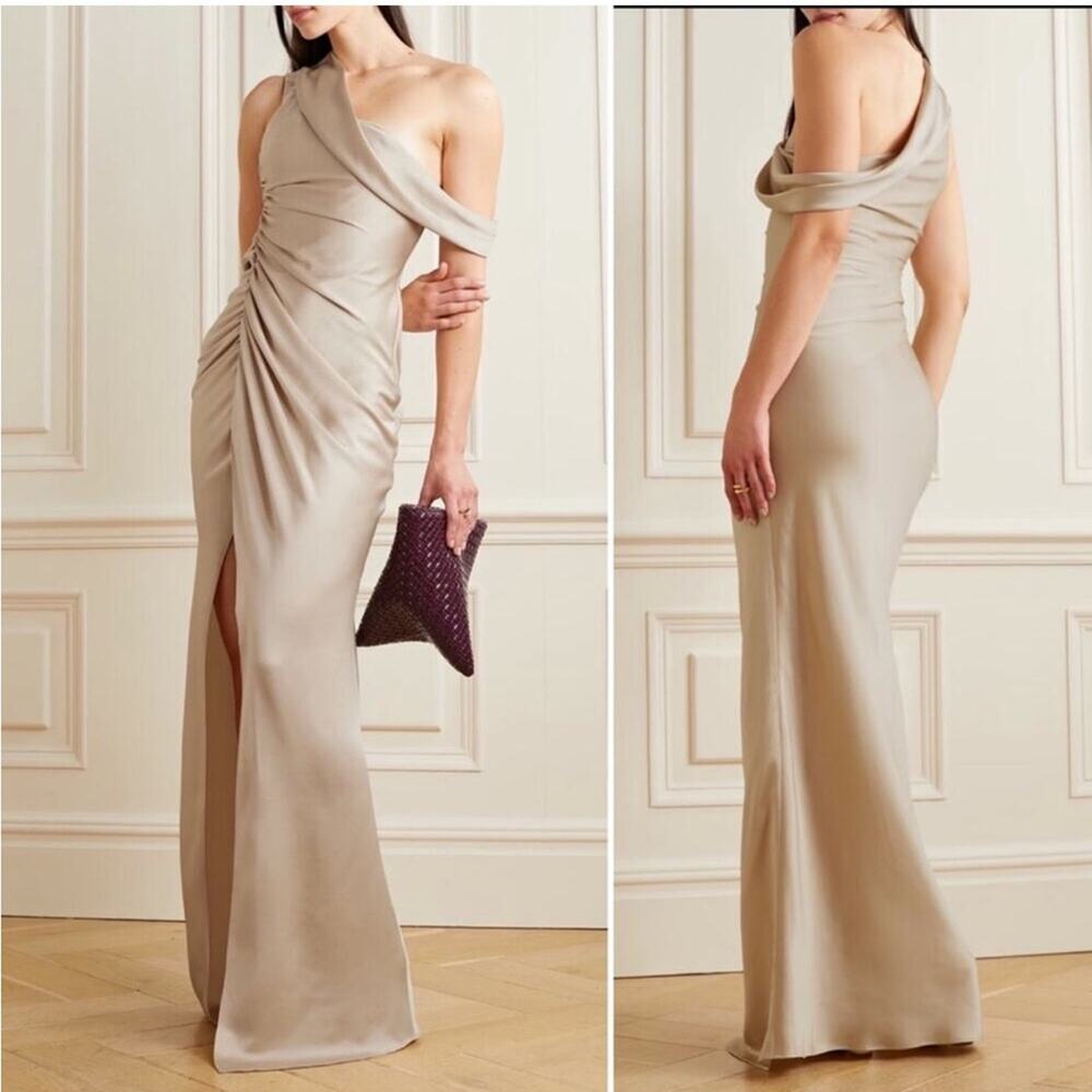 NWT Jonathan Simkhai Sahar One Shoulder Satin Column Gown in Almond